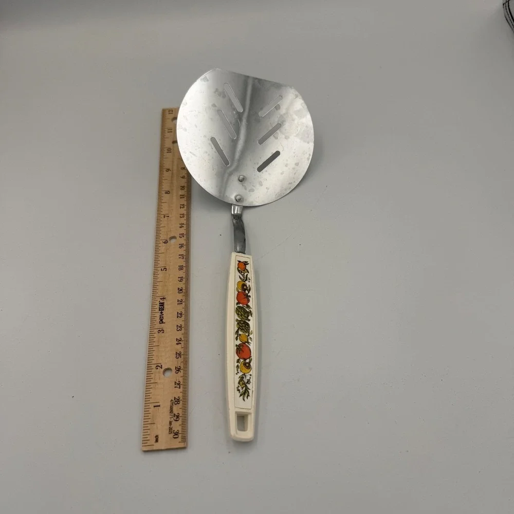 Vintage Stainless Steel Slotted Spatula Turner Fruit Vegetable Pattern Handle